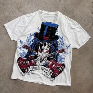 Vintage Y2K Rock Hero Graphic T Shirt Guitar Skull Top Hat White Size XL‎